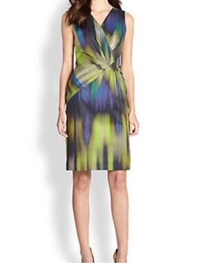 Lafayette 148 LAUREL Green Watercolor Brushstroke Faux Wrap Sheath Dress
